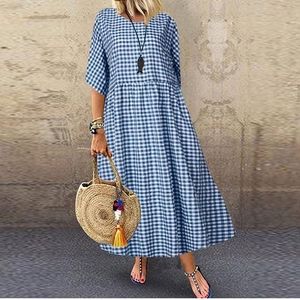 Women's Summer Dress Round Neck Short Sleeve Gingham Blue Dress 2-3xl.